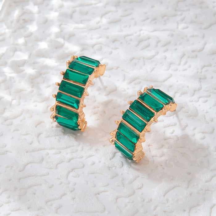 Vintage emerald diamond C-shaped earrings, elegant and simple earrings