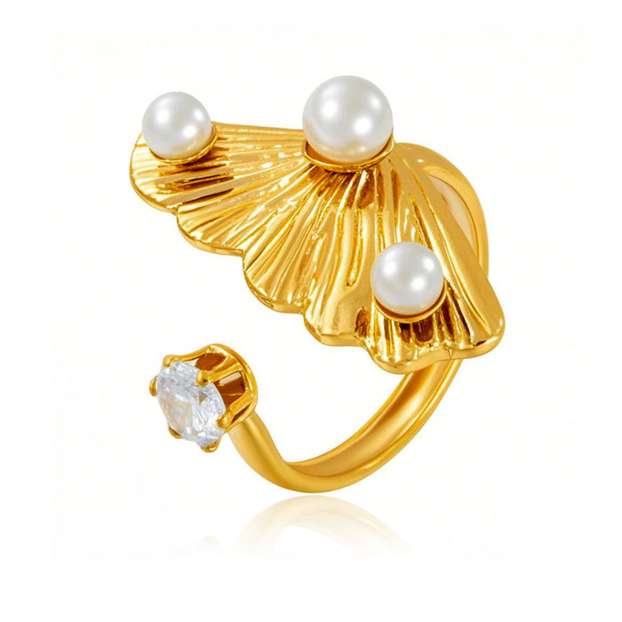 Wholesale stainless steel hydraulic ginkgo leaf inlaid pearl open ring