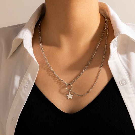 Silver Chain Tassel Round Ring Star Pendant Single Layer Necklace with Ins Trend Design