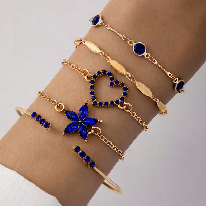 Luxury Faux Blue Sapphire Rhinestone Flower Heart Bracelet Set - Creative Love Letter Jewelry