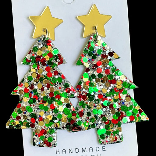 Green Acrylic Christmas Christmas Tree Oversized Glitter Exaggerated Earrings - wallojewerly 