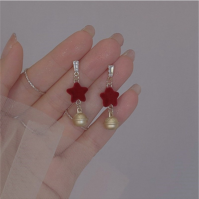 Christmas red five-pointed star earrings sweet bell silver needle earrings