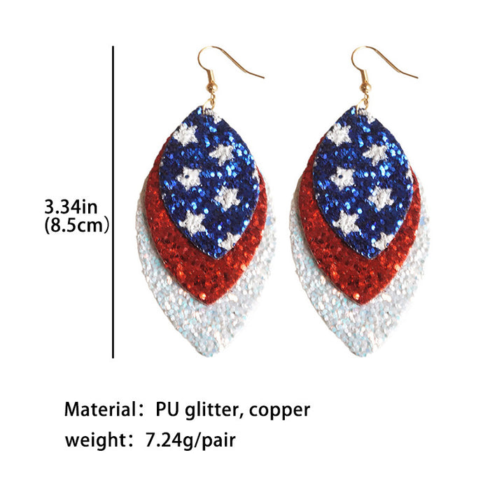 Independence Day American Flag Leather Earrings with Feather and Mesh Design