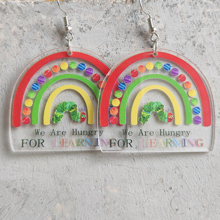 Cute Teacher Earrings with Ruler, Pencil, Apple, and Rainbow Designs