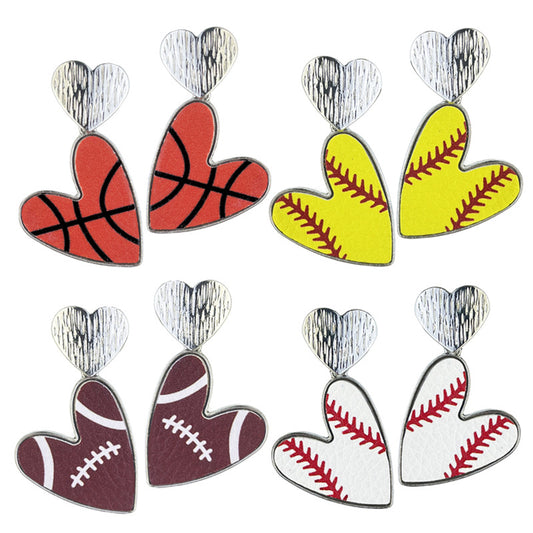 Metal Football Heart Earrings with Sports Ball Leather Design