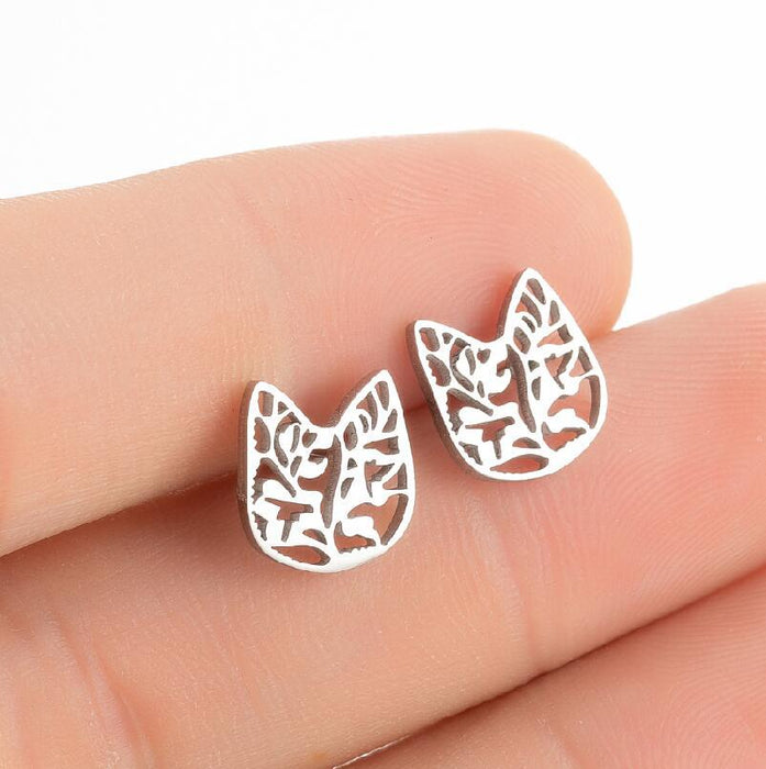 Cat Stainless Steel Stud Earrings - Spring-Inspired Floral and Leaf Jewelry