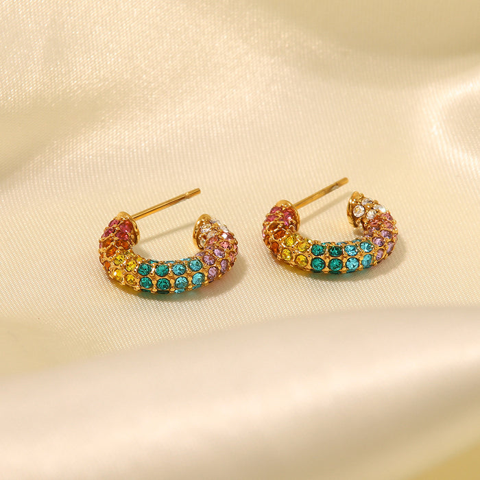 French Style New 18K Gold Plated Stainless Steel Earrings - Colorful Zircon Inlaid Hoop Jewelry for Women