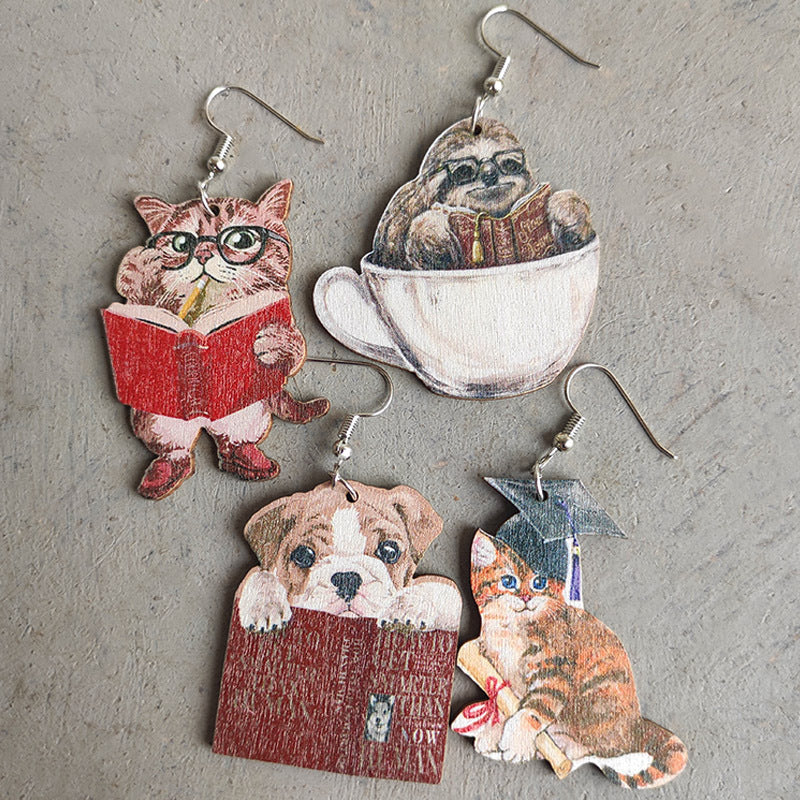 Wooden school cat book earrings