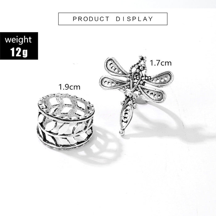 Simple geometric hollow antique silver leaf dragonfly ring 2-piece set