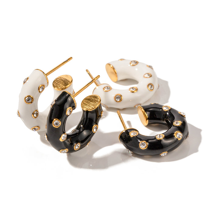 Trending Titanium Steel Earrings - 18K Gold Plated Black Enamel Diamond Inlaid C-Shaped Earrings for Women