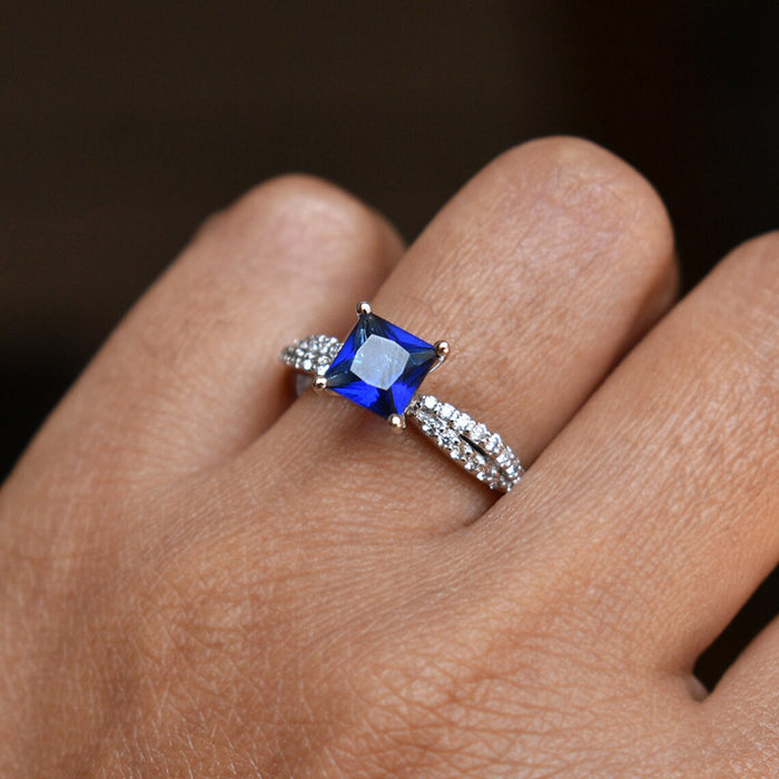 Square blue gemstone ring princess wave design ring