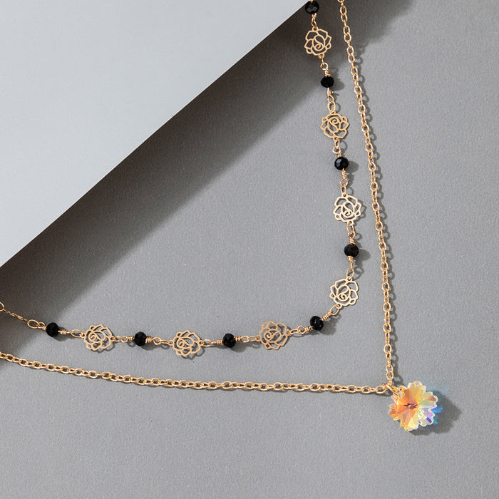 Resin Floral Double Layer Necklace with Hollow Rose Pendant and Beaded Chains