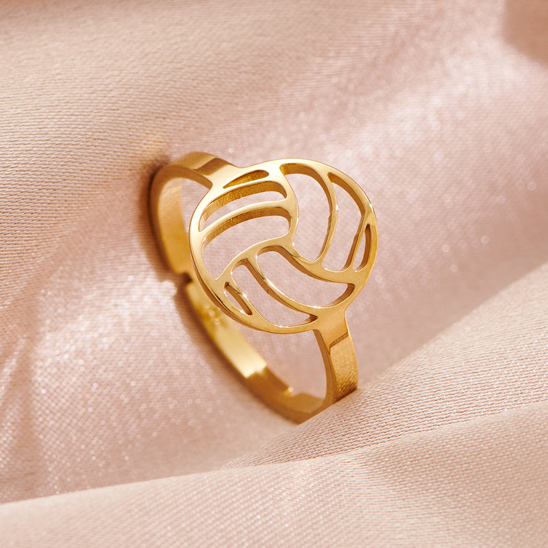 Stainless steel hollow volleyball rings, 18K gold electroplated open geometric rings wholesale