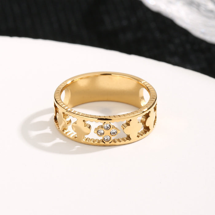 Wholesale stainless steel and titanium steel diamond-encrusted openwork four-leaf clover rings