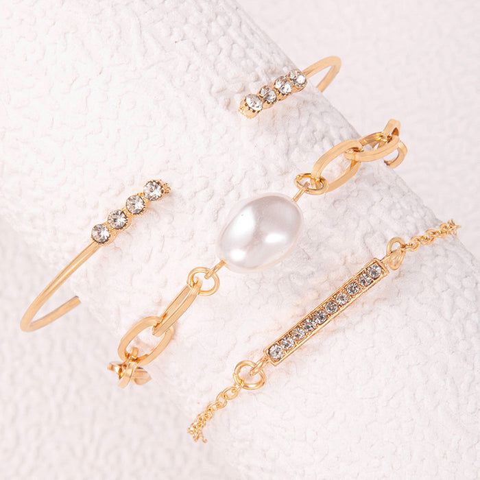 Baroque Pearl Bracelet Set - Rhinestone Chain Three-Piece Jewelry for Women