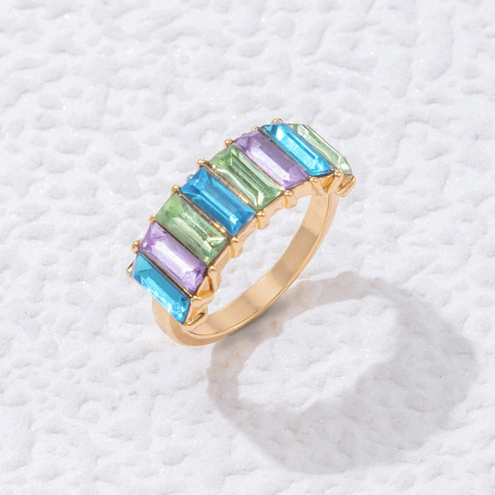 Rectangular colored diamond small fresh stacking ring set