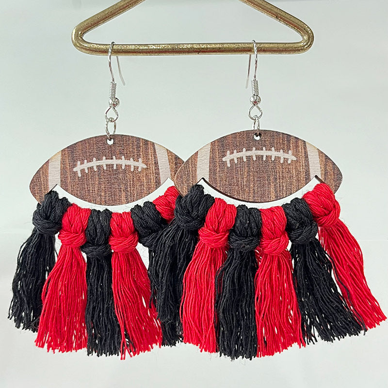 Sports Themed Woven Tassel Wooden Earrings for American Football Cheerleaders