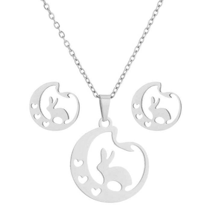 Rabbit, cat, deer necklace and earrings set, irregular heart and moon pattern two-piece accessories