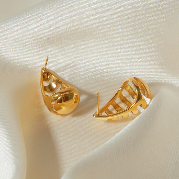 18K Gold Plated Stainless Steel Striped Hollow Teardrop Earrings - Minimalist Style