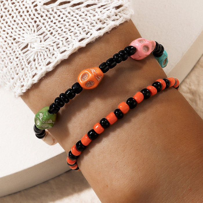 Halloween Pumpkin Beaded Bracelet Set - Dark Skull Beaded Bracelet