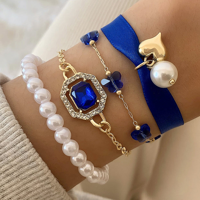 Blue Butterfly and Gemstone Bracelet Set – Four-Piece Open Cuff Jewelry