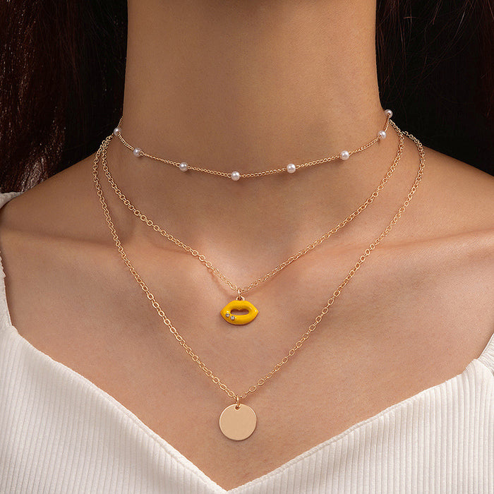 Yellow Enamel Lip Pendant Multi-Layer Necklace - Pearl and Disc Four-Chain Set