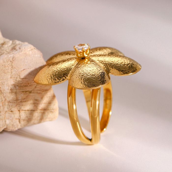 18k gold stainless steel flower brushed ring