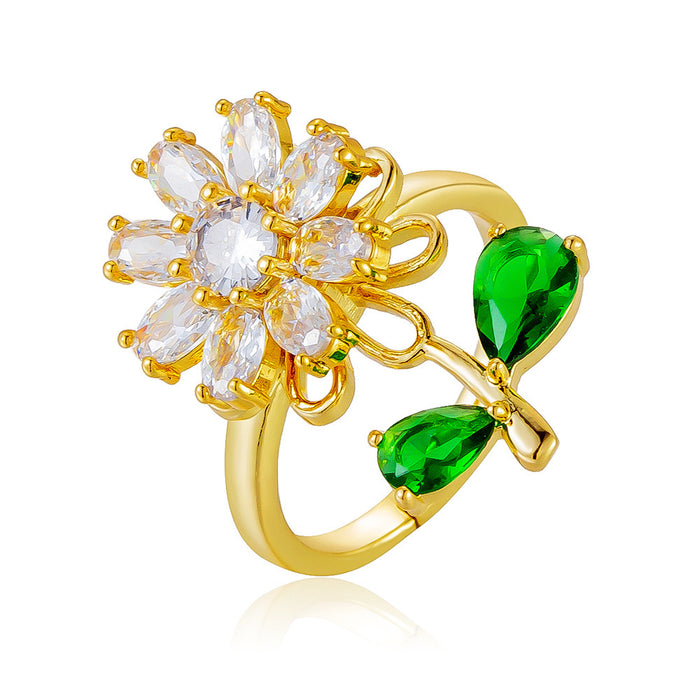 Wholesale sunflower-shaped rotating open ring with zircon setting
