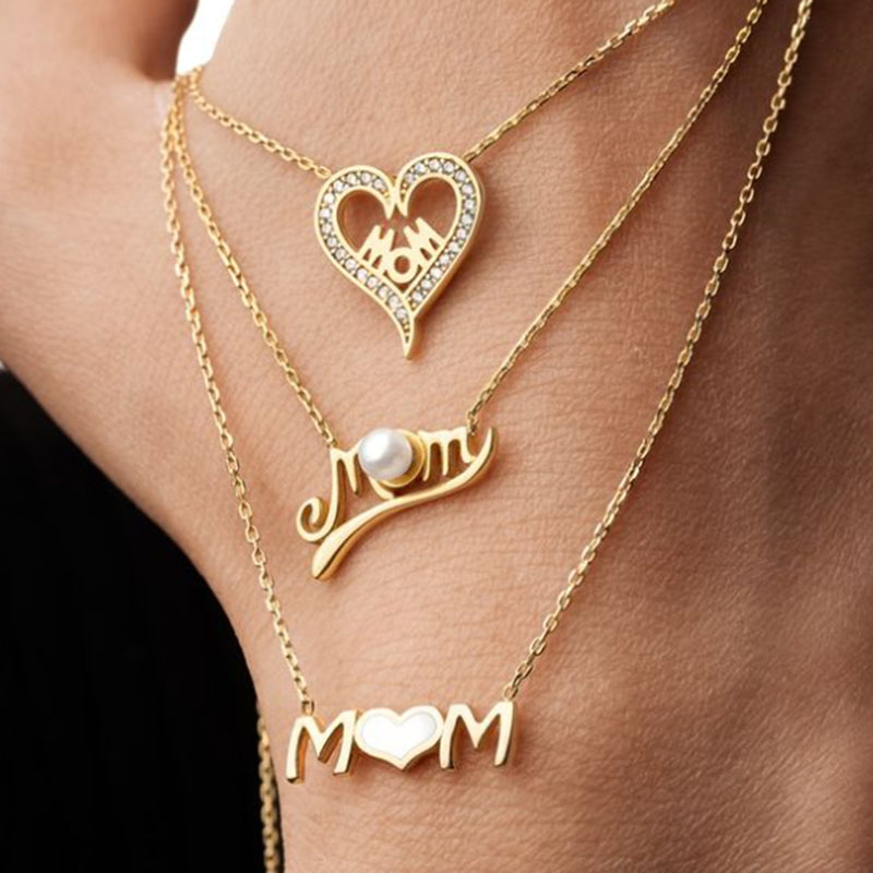 18K Gold-Plated Heart MOM Necklace with Diamond Inlay - Mother's Day Jewelry - wallojewerly 