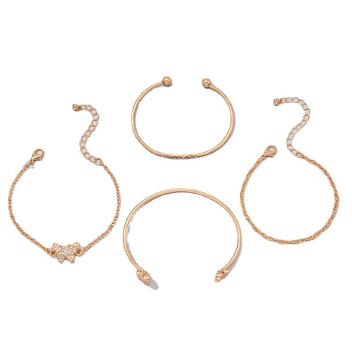 Gold Layered Bracelet Set - Four-Piece Rhinestone Butterfly Bangle for Women