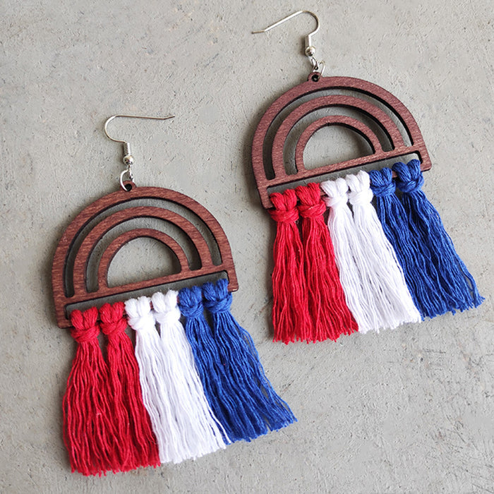 Independence Day Handwoven Tassel Earrings with Hollow Rainbow Wooden Design