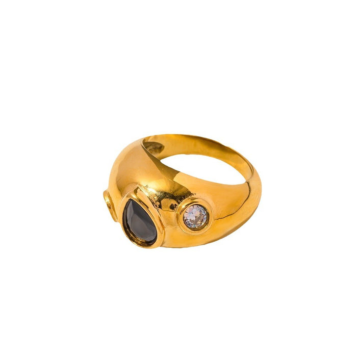 Black Diamond Retro Water Drop Ring with 18K Gold and Zircon Inlay