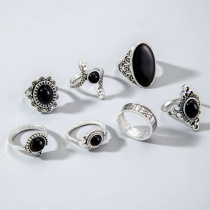 Vintage Black Gemstone Ring Set - 7pcs Dark Gothic Snake Oval Rings