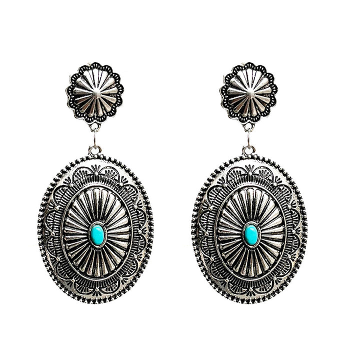 Western Bohemian Metal Earrings with Turquoise and Pumpkin Flower Design