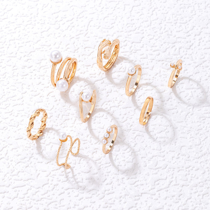 Elegant Pearl Ring Set - 9-Piece Geometric Twisted Hand Rings