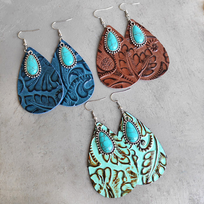 Bohemian Cowhide Leather Earrings with Bullhead and Turquoise Design