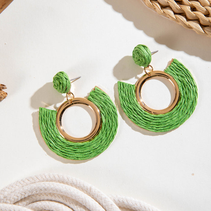 Bohemian circle fan-shaped raffia earrings geometric earrings