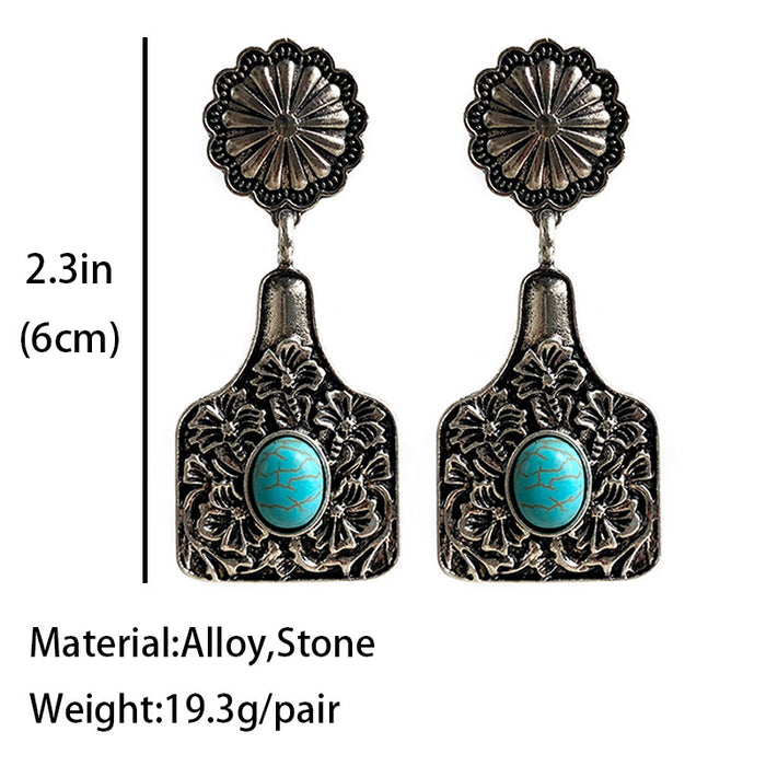 Vintage Floral Bull Tag and Pumpkin Flower Earrings with Turquoise and Alloy Design - wallojewerly 