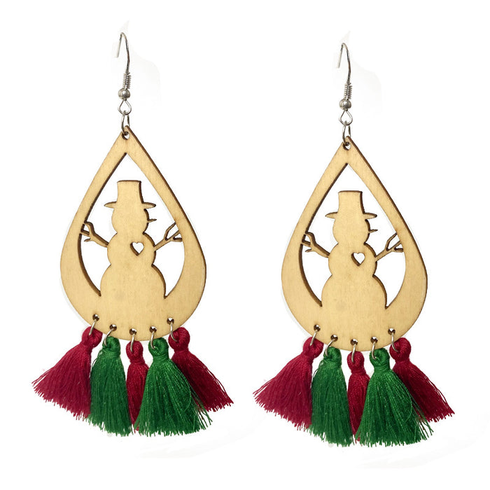 Christmas Wooden Tassel Earrings with Christmas Tree, Snowman, and Reindeer Cutouts