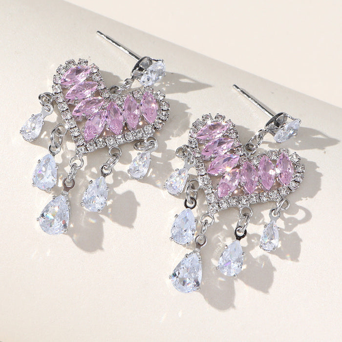 Silver Zircon Heart Butterfly Tassel Earrings - Exaggerated Dangles for a Chic Style