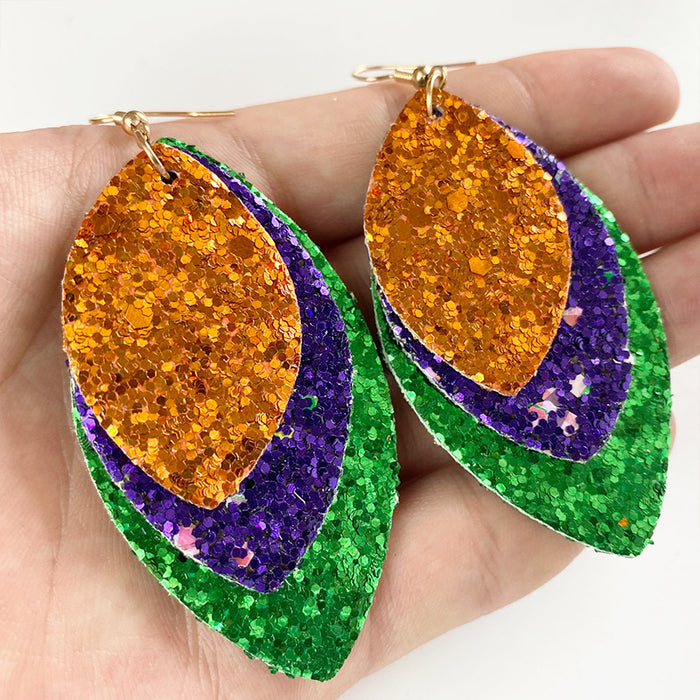 Halloween Glitter Leather Leaf Earrings with Geometric Design