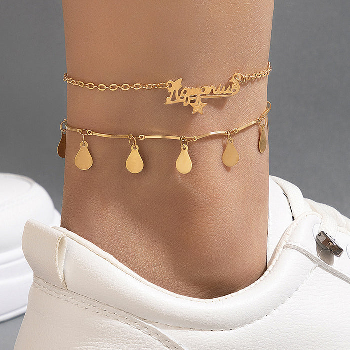 Double-Layer Letter and Star Anklet with Alloy Waterdrop Disc Design