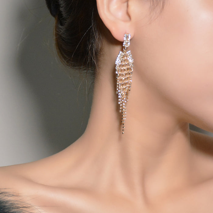 Exaggerated Geometric Tassel Earrings - 14K Gold-Plated Rhinestone Jewelry for a Bold Look