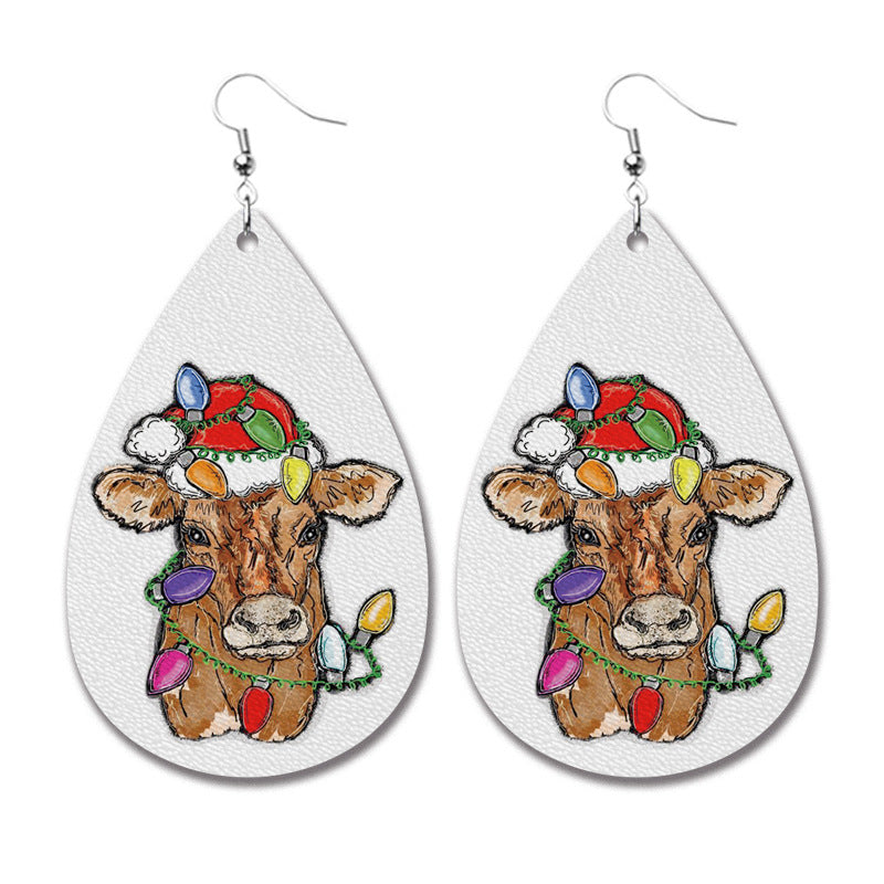 Christmas PU Leather Earrings with Plaid, Reindeer, and Santa Teardrop Design