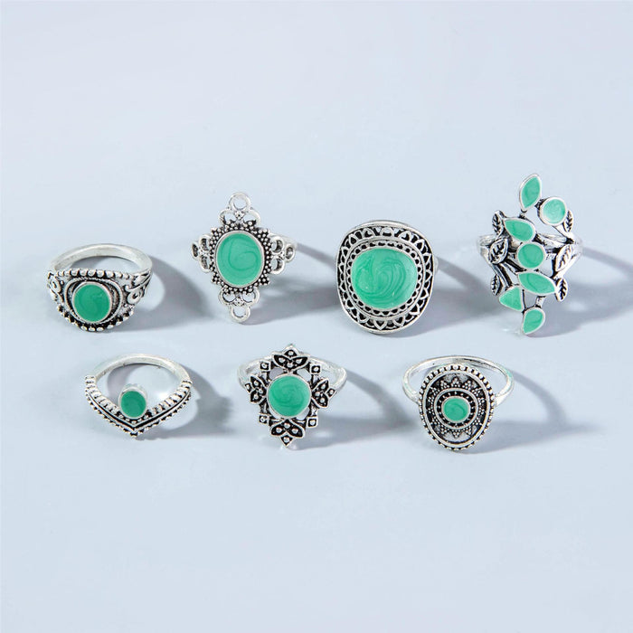 Bohemian Turquoise Leaf Ring Set - 7pcs Vintage Owl Exaggerated Rings