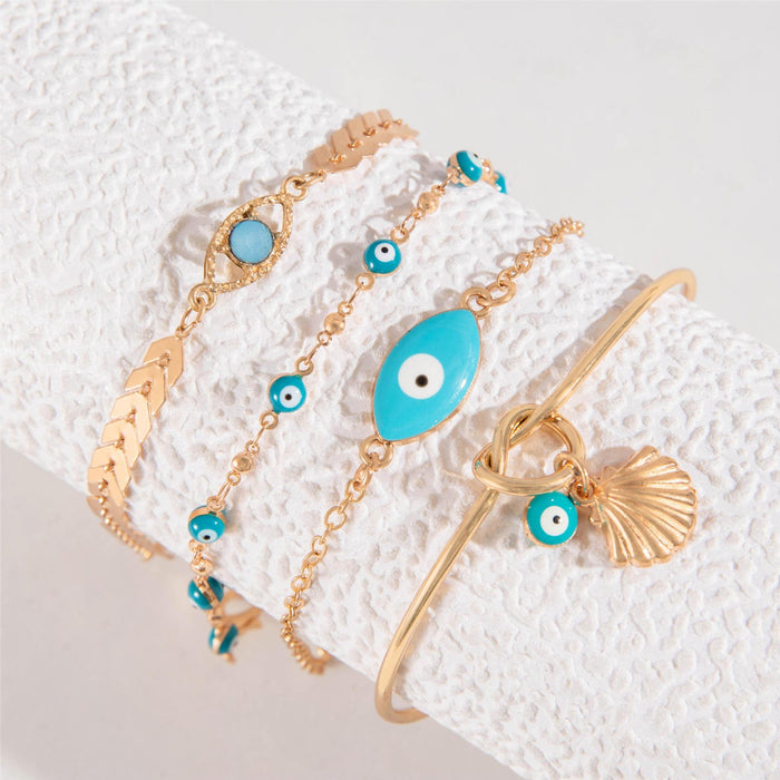 Bohemian Style Multicolor Evil Eye Bracelet Set with Shell Pendants - Vacation Vibes, Four Pieces