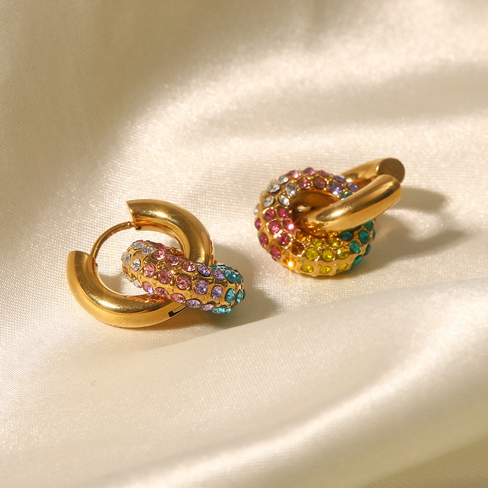 Trendy 18K Gold Plated Multi-Color Zircon Donut Earrings - Fashion Jewelry