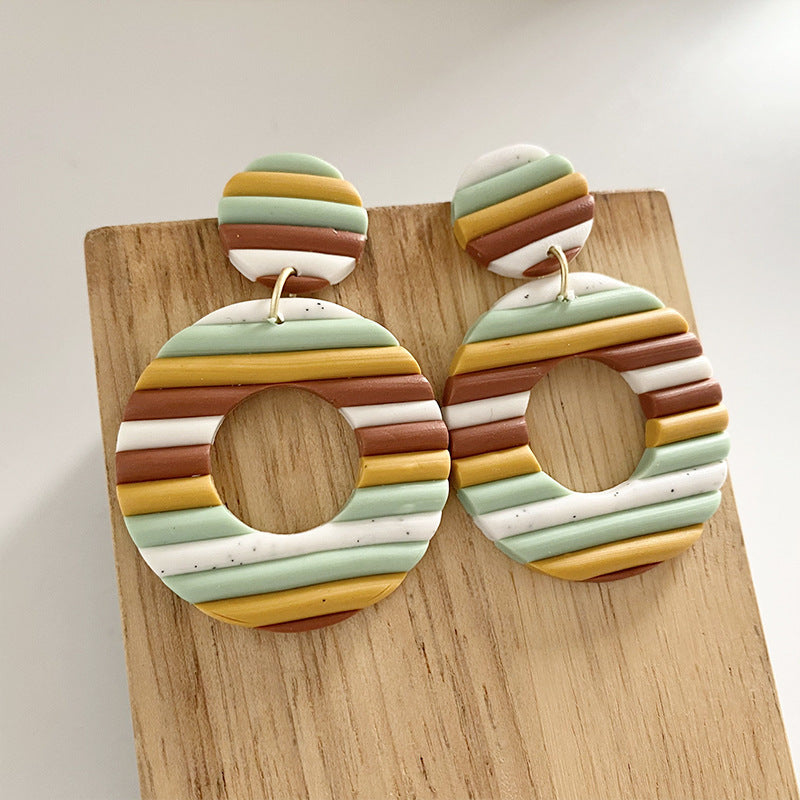 Handmade Rainbow Stripe Clay Earrings - Multicolor Geometric Hoop Design