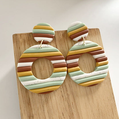 Handmade Rainbow Stripe Clay Earrings - Multicolor Geometric Hoop Design