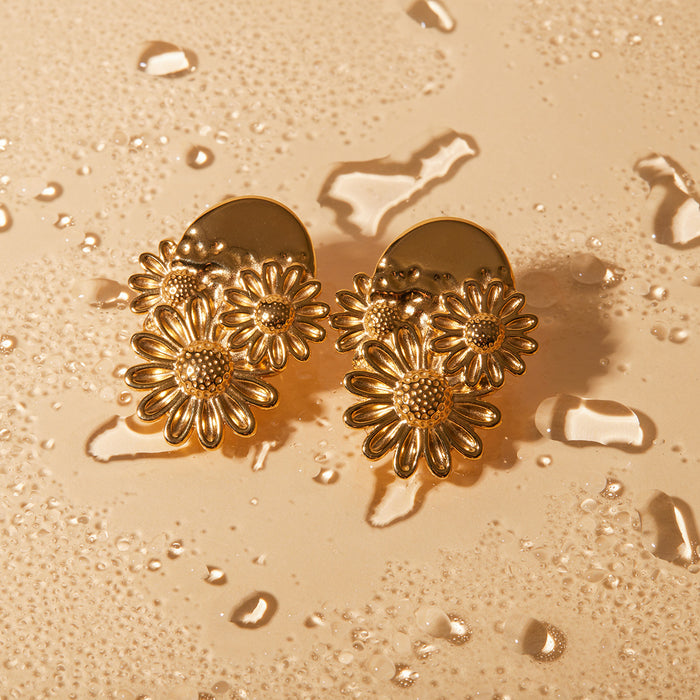 18K Gold Stainless Steel Daisy Earrings - Floral Design Luxury Jewelry